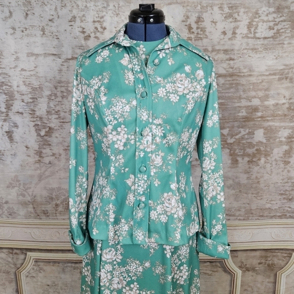 Vintage 1970s Maxi Dress & Jacket Green Floral Mod Vintage VTG 70s Sleeveless M - Picture 5 of 17